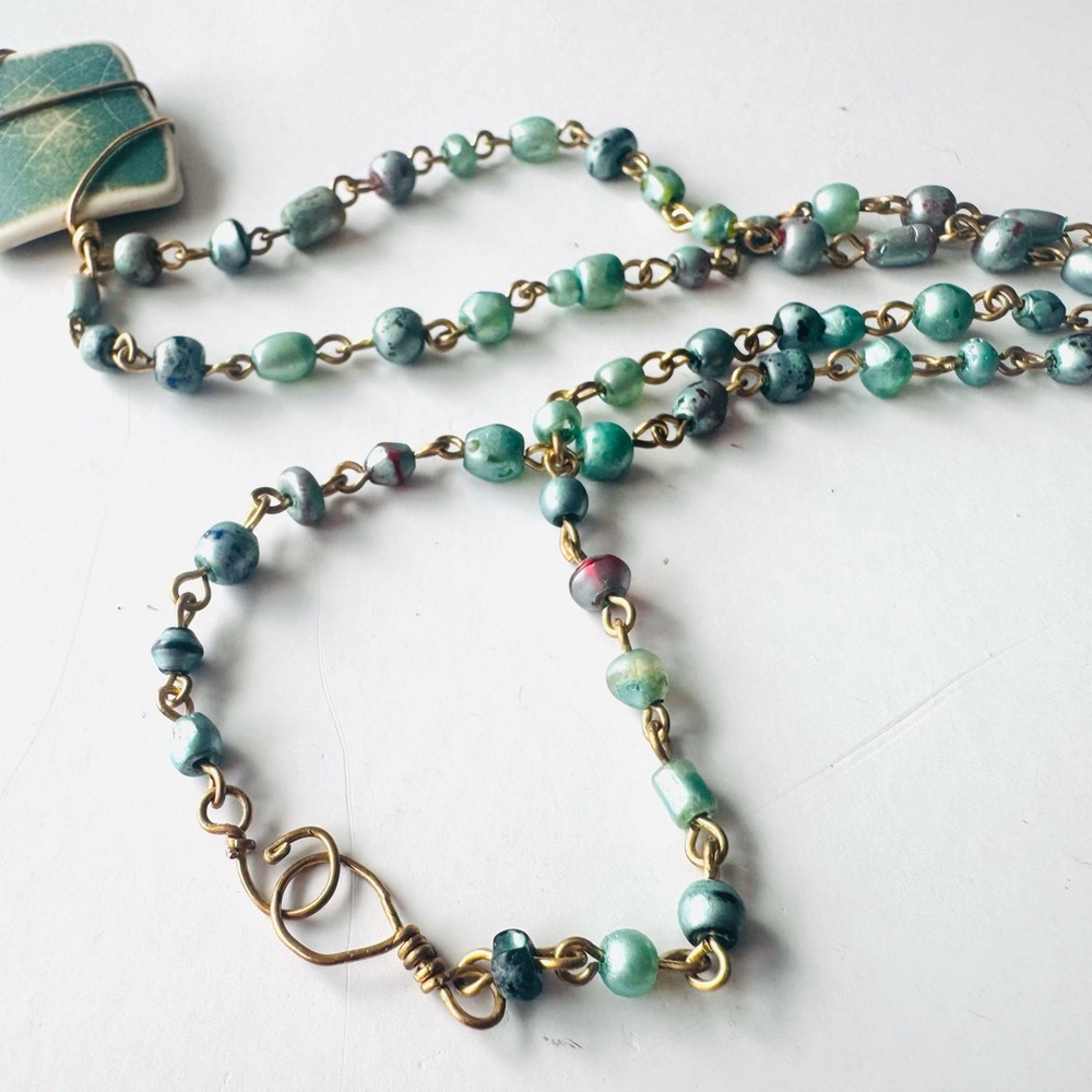 Hurricane History - Handcrafted OOAK Teal Green and Gold Pendant Necklace - Picture 5 of 6